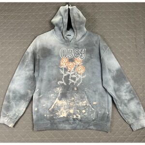 Obey Pullover Hooded Sweatshirt Men M Grey Tie Dye Bleached Floral Logo Graphic‎